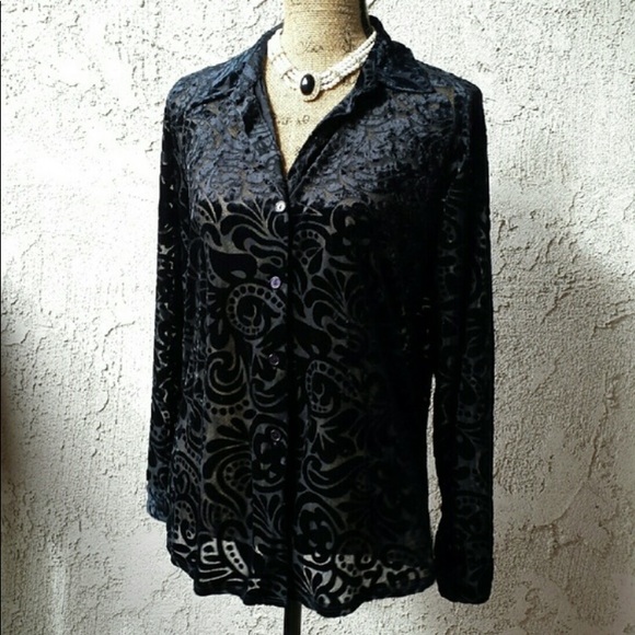 New Impressions velvet floral SHEER BLOUSE Burnout BURNT VELVET Holiday Brocade - Picture 2 of 5